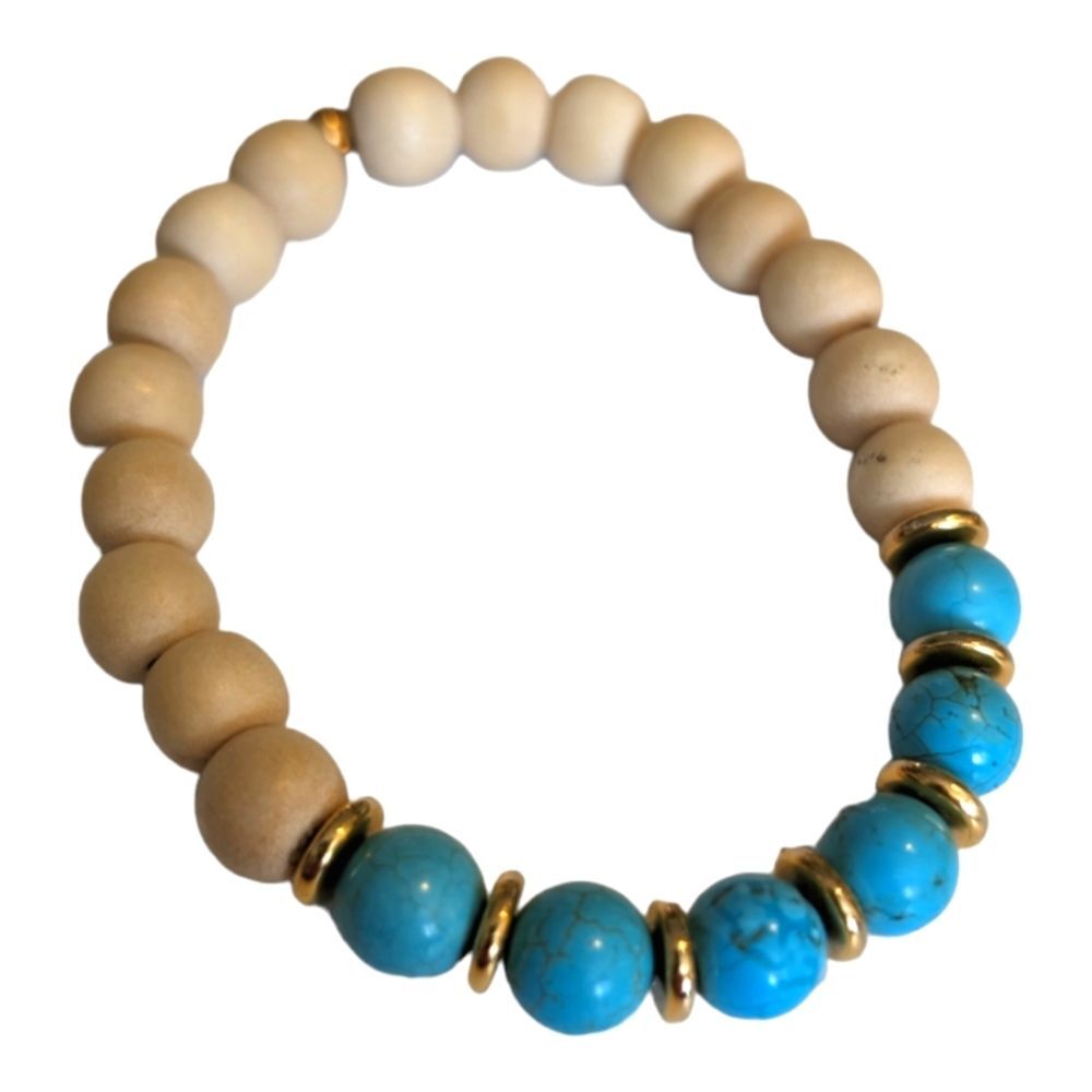🔴 New Vitality bracelet wooden‎ and turquoise beads blue gold white adjustable